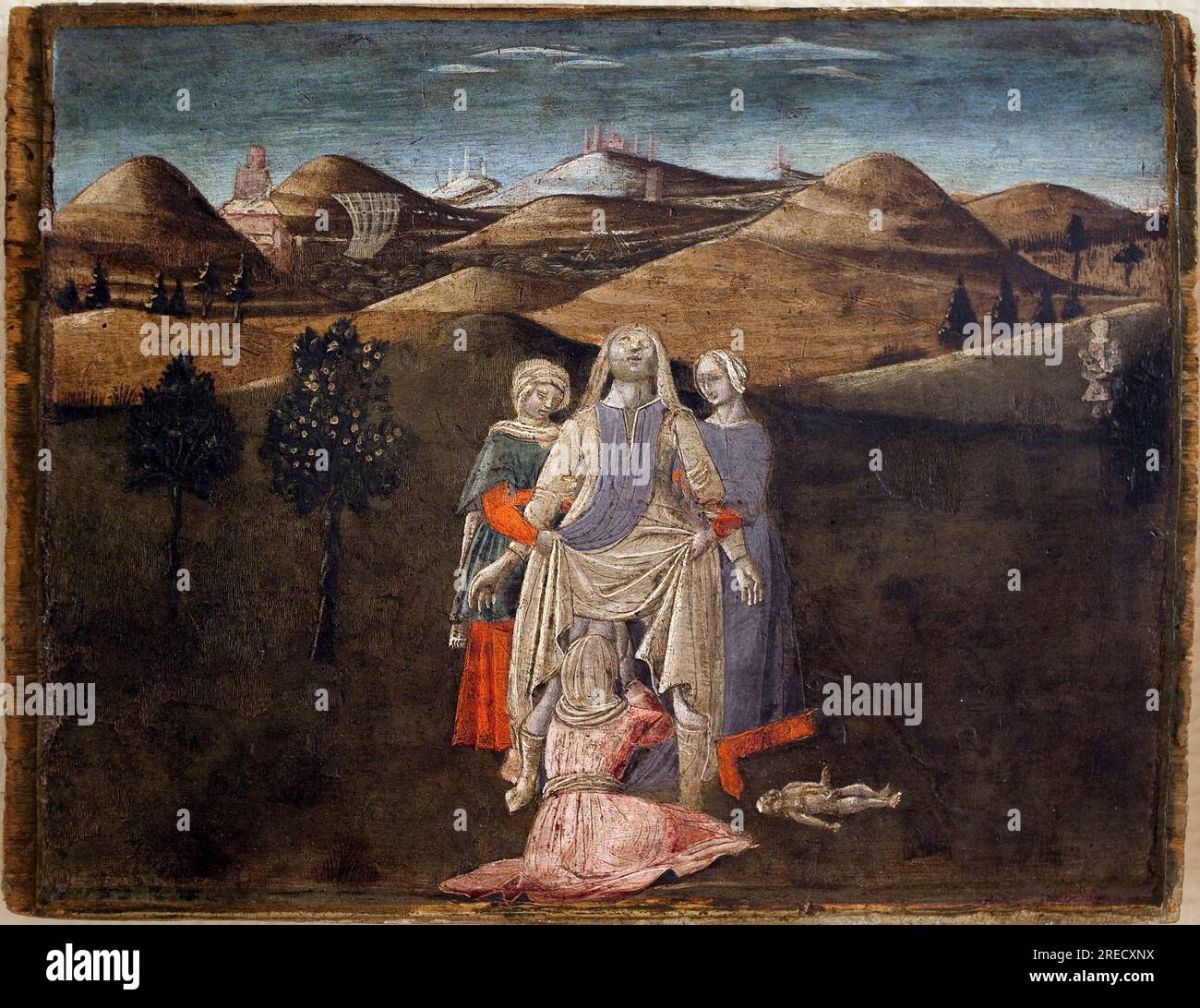 Legende de Romulus et Remus: l'accouchement de Rhea Silvia. Peinture de Matteo di Giovanni (1430-1495), detrempe sur bois, 27,9 x 35,7 cm. Art italien 15e siecle. Museo delle Belle Arti di Libourne. Foto Stock