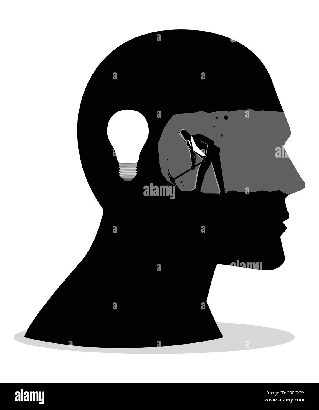 Uomo d'affari che scava e minerava per trovare la lampadina, alla ricerca di idee, soluzioni o idee innovative Illustrazione Vettoriale