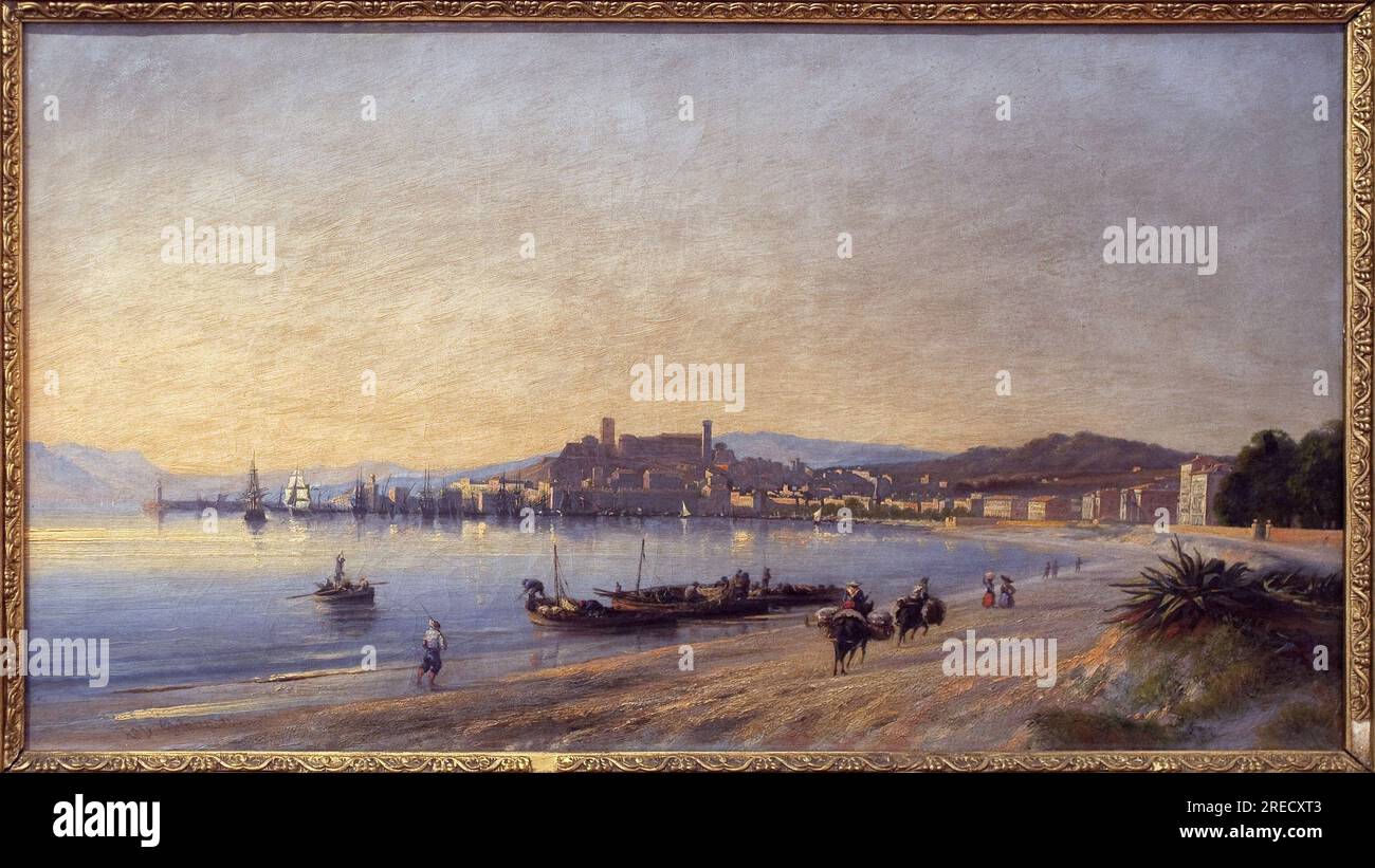 Panorama sur Cannes depuis le rivage. Peinture de Adolphe Fioupou (1824-1899), huile sur toile, 1860, art fancais 19e siecle. Museo della Castre, Cannes. Foto Stock