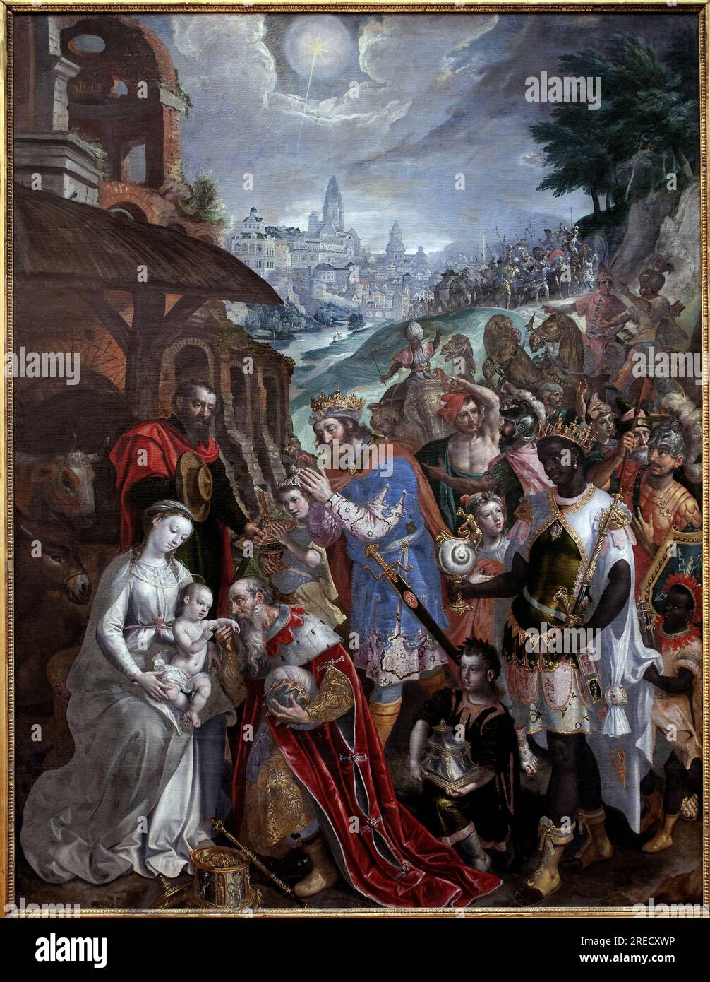 L'Adoration des Mages. Au dessus de la Sainte Famille et des ROIs Mages, l'etoile du berger. Peinture de Maaerten de Vos (Martin de Vos, Marten de Vos) (1532-1603), Art flamand 16e siecle. Museo delle Belle Arti di Valenciennes. Foto Stock