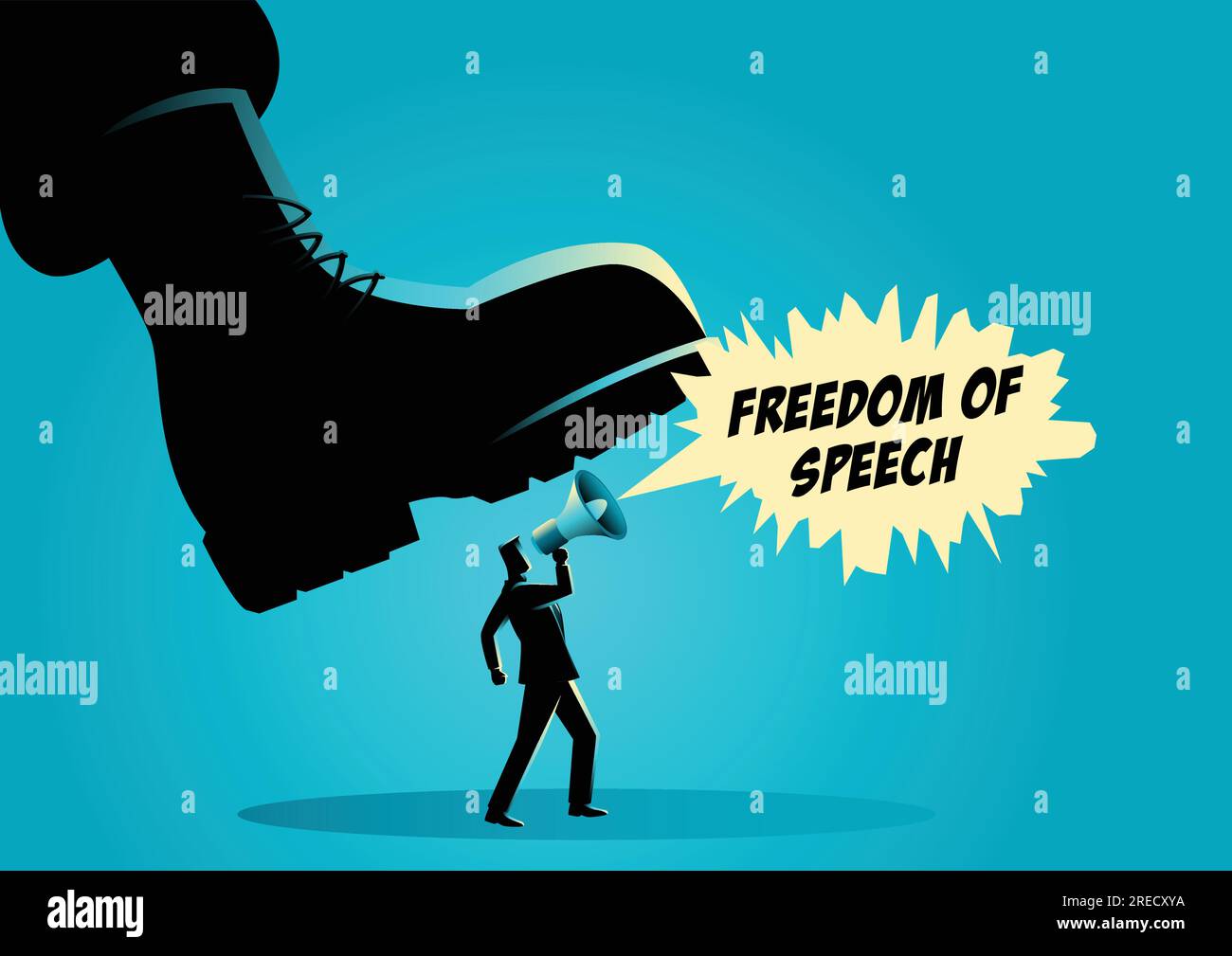 Illustrazione vettoriale di un gigantesco stivale militare calpestato su un uomo, dittatore, libertà di parola, concetto di autorità Illustrazione Vettoriale