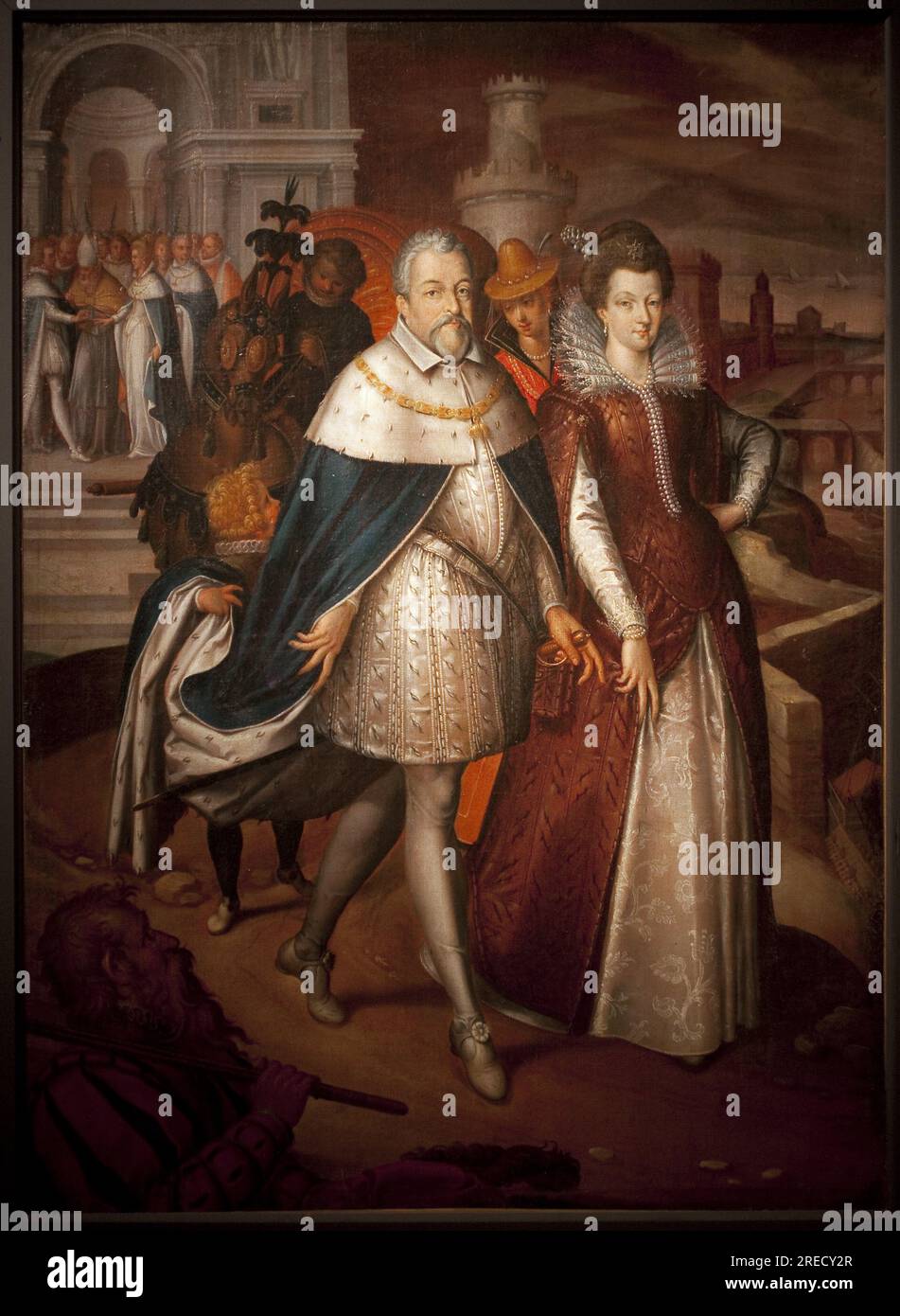 Portrait de Francois i de Medicis (1541-1587), Grand duc de Toscane et de sa fille Marie de Medicis (1575-1642), futura reine de France. Le duc a le collier de l'ordre de la Toison d'Or. Peinture de Nicolas Bollery (mort en 1630), huile sur toile, 17e siecle. Art francais. Musee de Cherbourg. Foto Stock
