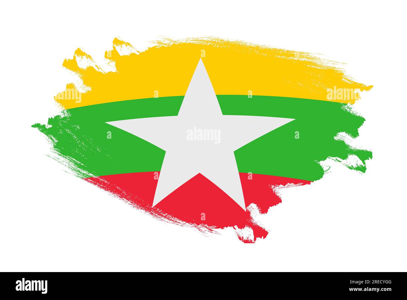 Pennello per tratti astratti bandiera nazionale del Myanmar con texture su sfondo bianco isolato Foto Stock