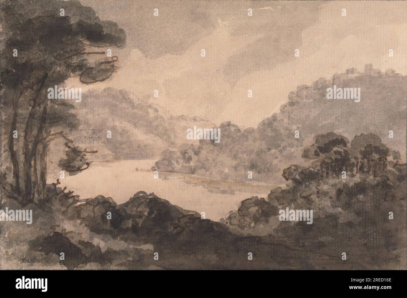 Paesaggio montuoso con fiume, alberi e fogliame in primo piano tra il 1745 e il 1748 di William Gilpin Foto Stock