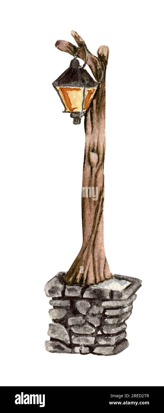 Lampada esterna con seminterrato in pietra. Illustrazione ad acquerello disegnata a mano per inviti, biglietti di auguri, stampe, confezioni e altro ancora. Buon natale e.. Foto Stock Lampada esterna con seminterrato in pietra. Illustrazione ad acquerello disegnata a mano per inviti, biglietti di auguri, stampe, confezioni e altro ancora. Buon natale e.. Foto Stock