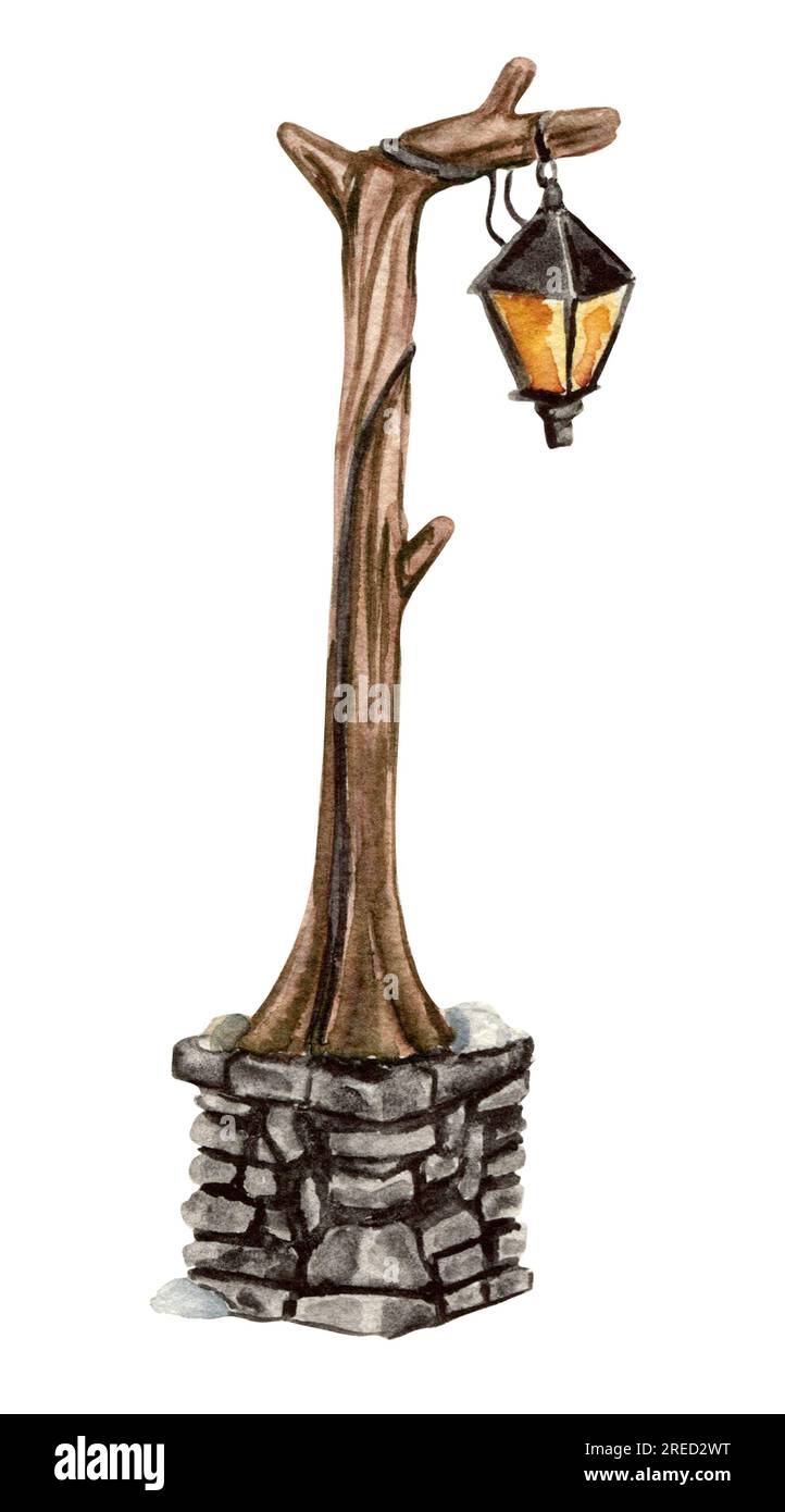 Lampada esterna con seminterrato in pietra. Illustrazione ad acquerello disegnata a mano per inviti, biglietti di auguri, stampe, confezioni e altro ancora. Buon natale e.. Foto Stock Lampada esterna con seminterrato in pietra. Illustrazione ad acquerello disegnata a mano per inviti, biglietti di auguri, stampe, confezioni e altro ancora. Buon natale e.. Foto Stock