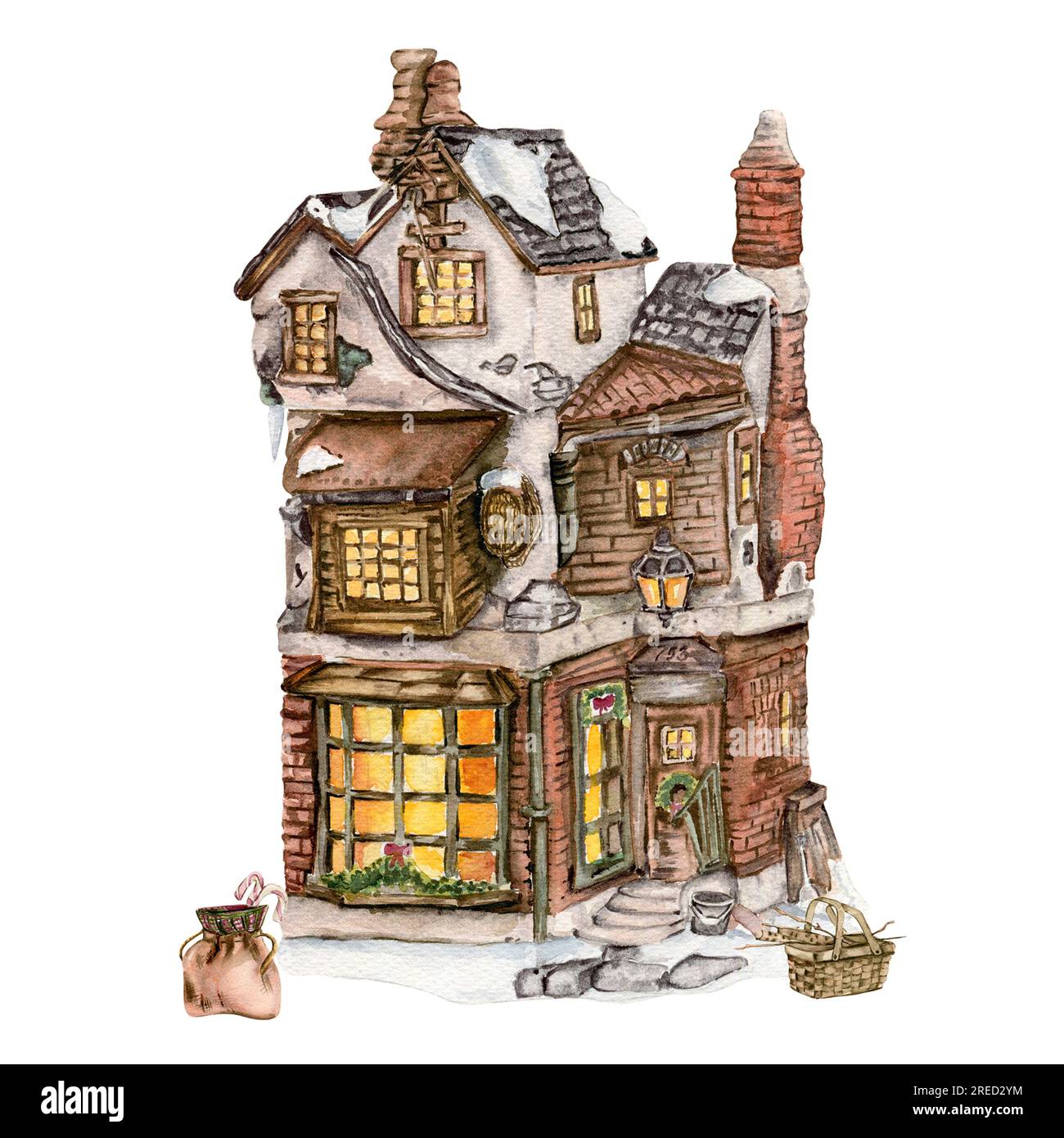 Watercolor House in inverno. Un'intima casa invernale con un tetto coperto in legno e luce nelle finestre disegnate a mano in acquerello. Illustrazione acquerello. Wint Foto Stock Watercolor House in inverno. Un'intima casa invernale con un tetto coperto in legno e luce nelle finestre disegnate a mano in acquerello. Illustrazione acquerello. Wint Foto Stock