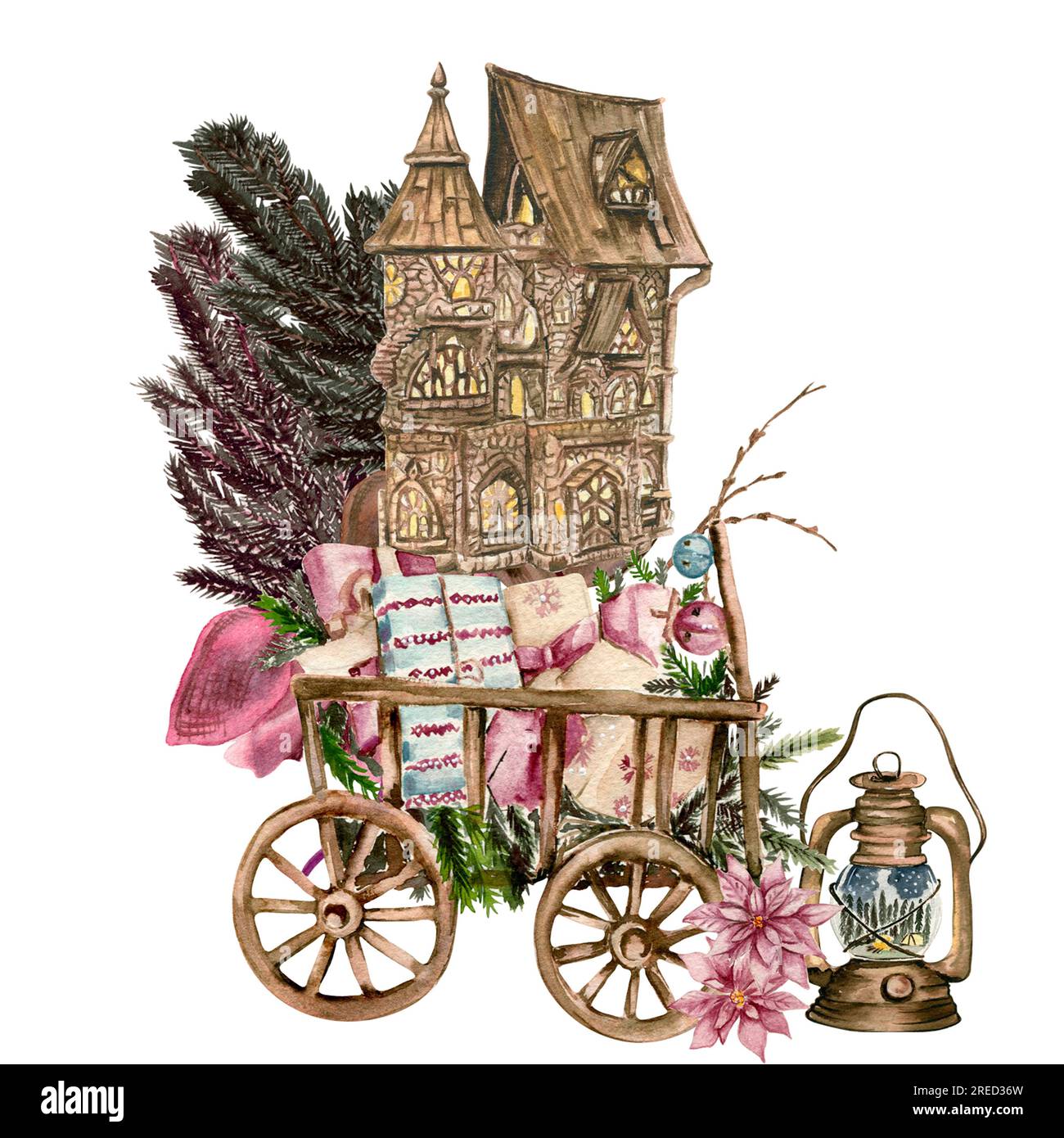 Carrello in legno con scatole presenti. Illustrazione ad acquerello disegnata a mano per inviti, biglietti di auguri, stampe, confezioni e altro ancora. Buon natale e ha Foto Stock Carrello in legno con scatole presenti. Illustrazione ad acquerello disegnata a mano per inviti, biglietti di auguri, stampe, confezioni e altro ancora. Buon natale e ha Foto Stock