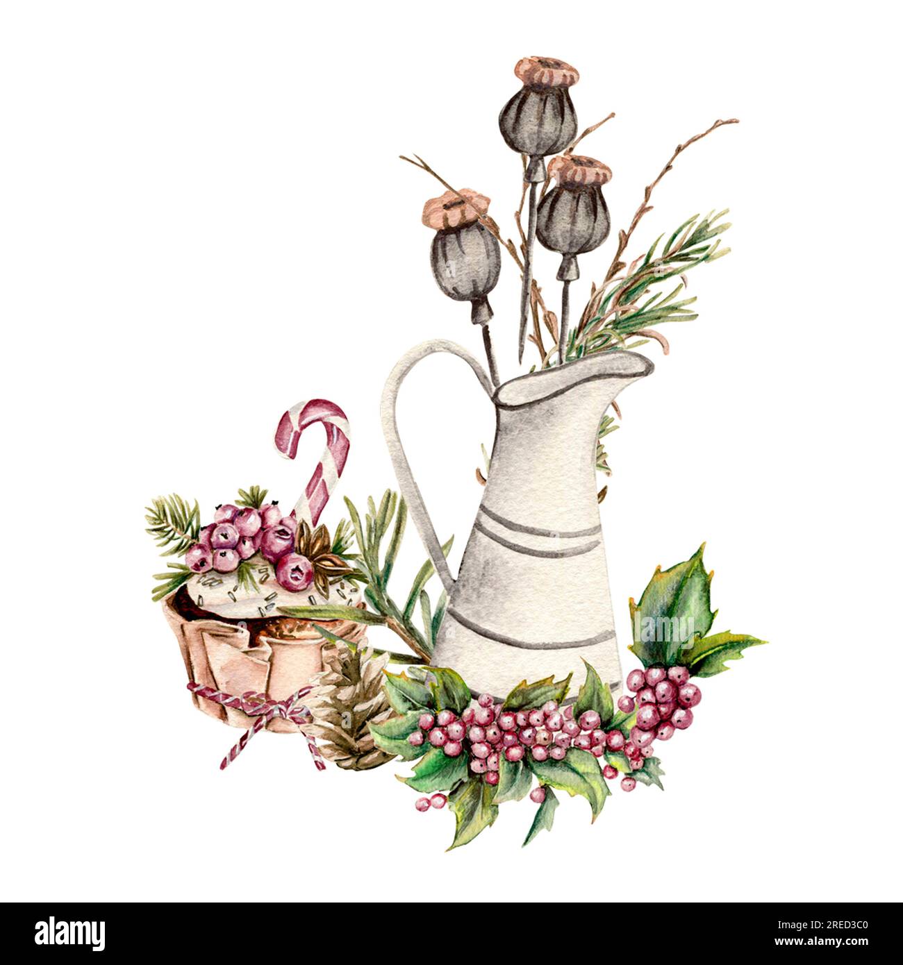 Composizione natalizia con frutti di bosco.. Illustrazione ad acquerello disegnata a mano per inviti, biglietti di auguri, stampe, confezioni e altro ancora. Buon natale a Foto Stock Composizione natalizia con frutti di bosco.. Illustrazione ad acquerello disegnata a mano per inviti, biglietti di auguri, stampe, confezioni e altro ancora. Buon natale a Foto Stock