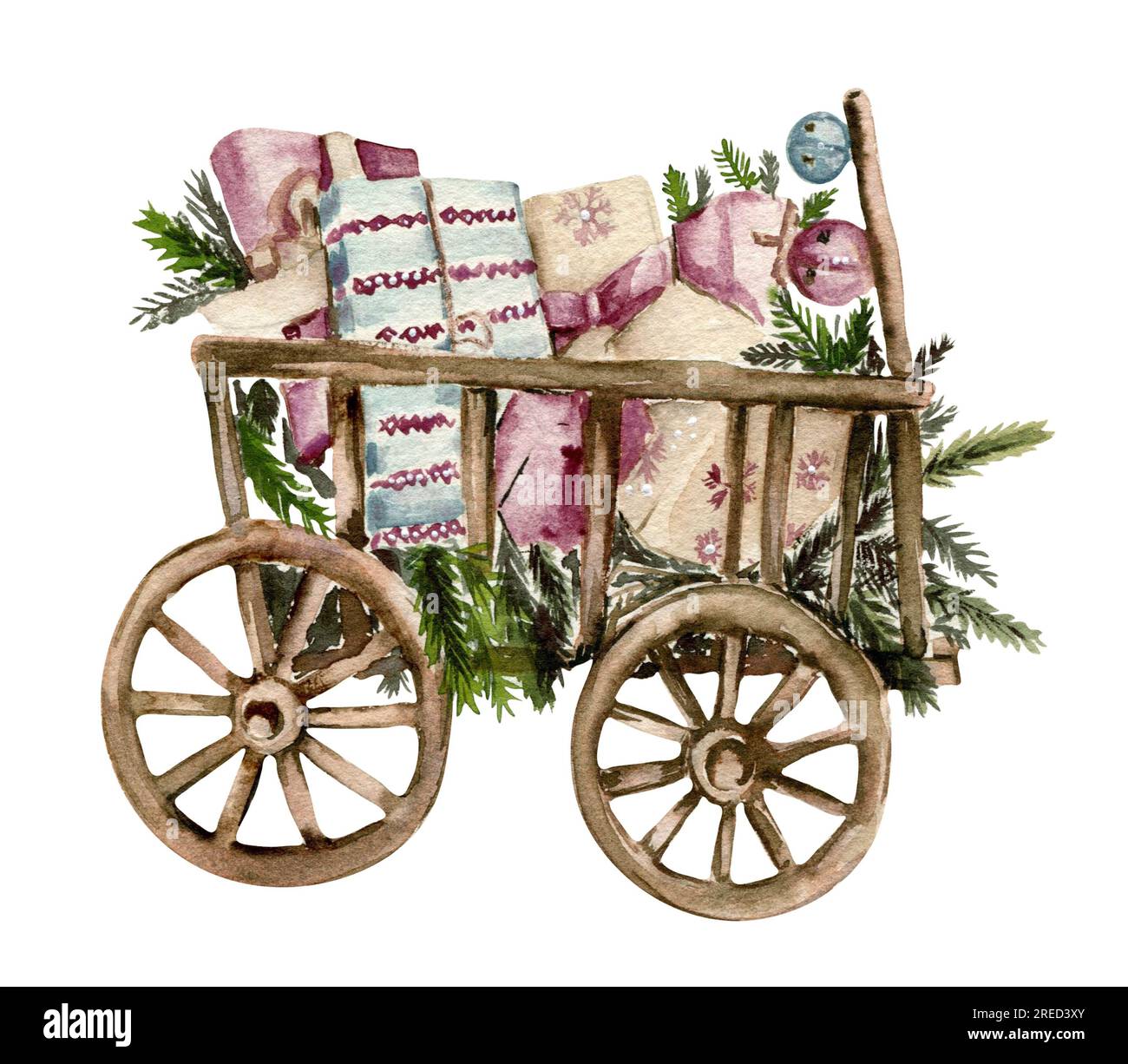 Carrello in legno con scatole presenti. Illustrazione ad acquerello disegnata a mano per inviti, biglietti di auguri, stampe, confezioni e altro ancora. Buon natale e ha Foto Stock Carrello in legno con scatole presenti. Illustrazione ad acquerello disegnata a mano per inviti, biglietti di auguri, stampe, confezioni e altro ancora. Buon natale e ha Foto Stock