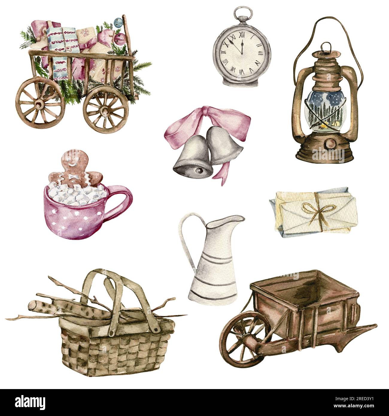 Watercolor Winter Christmas elements orologi, candele, campane. Isolati su uno sfondo bianco. Illustrazione acquerello. perfetto per biglietti di auguri, poste Foto Stock Watercolor Winter Christmas elements orologi, candele, campane. Isolati su uno sfondo bianco. Illustrazione acquerello. perfetto per biglietti di auguri, poste Foto Stock