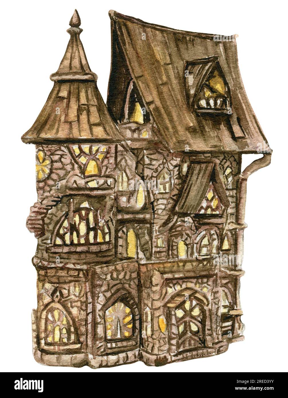 Watercolor House in inverno. Un'intima casa invernale con un tetto coperto in legno e luce nelle finestre disegnate a mano in acquerello. Illustrazione acquerello. Wint Foto Stock Watercolor House in inverno. Un'intima casa invernale con un tetto coperto in legno e luce nelle finestre disegnate a mano in acquerello. Illustrazione acquerello. Wint Foto Stock