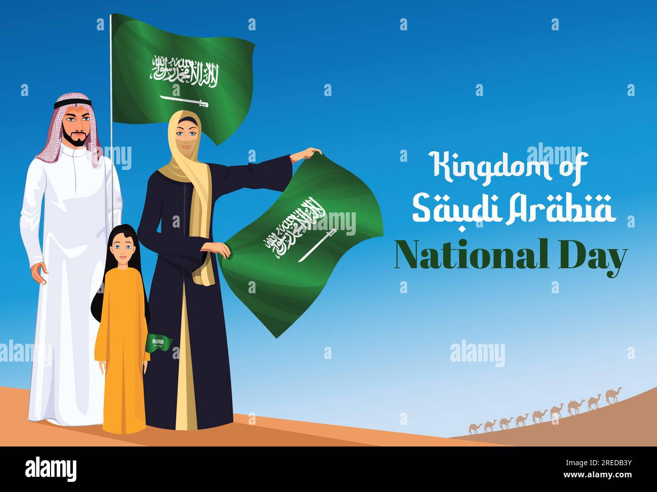 Giornata nazionale dell'Arabia Saudita, le famiglie arabe festeggiano. Donne arabe che portano la bandiera del Regno dell'Arabia Saudita. KSA National Flag Day Illustrazione Vettoriale