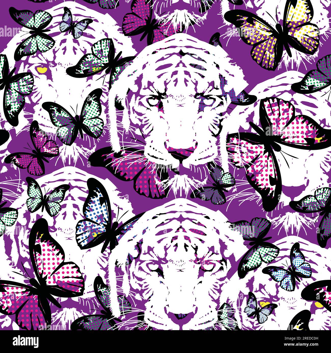 modello senza cuciture con stampa a farfalla e teste tigre Illustrazione Vettoriale