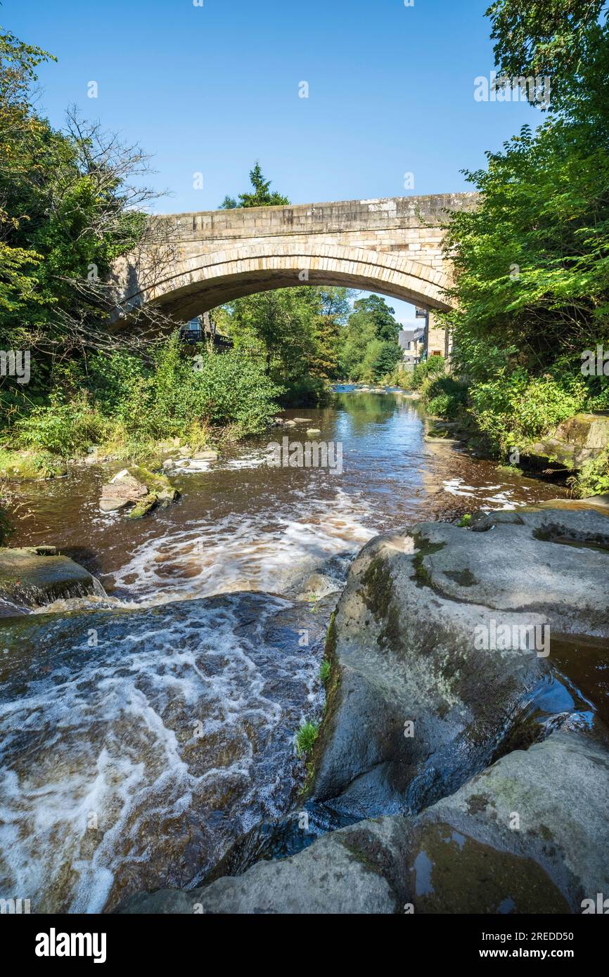 Il fiume Derwent scorre sotto il ponte ad arco di pietra a Shotley Bridge nella contea di Durham Foto Stock