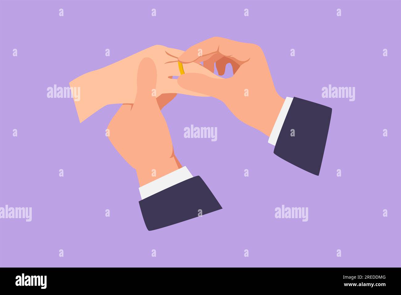 Disegnatore in stile piatto dei cartoni animati che indossa un anello sul dito della sposa durante la cerimonia di nozze. Gli sposi fanno voto di fedeltà il giorno del matrimonio. Buon coupl Foto Stock