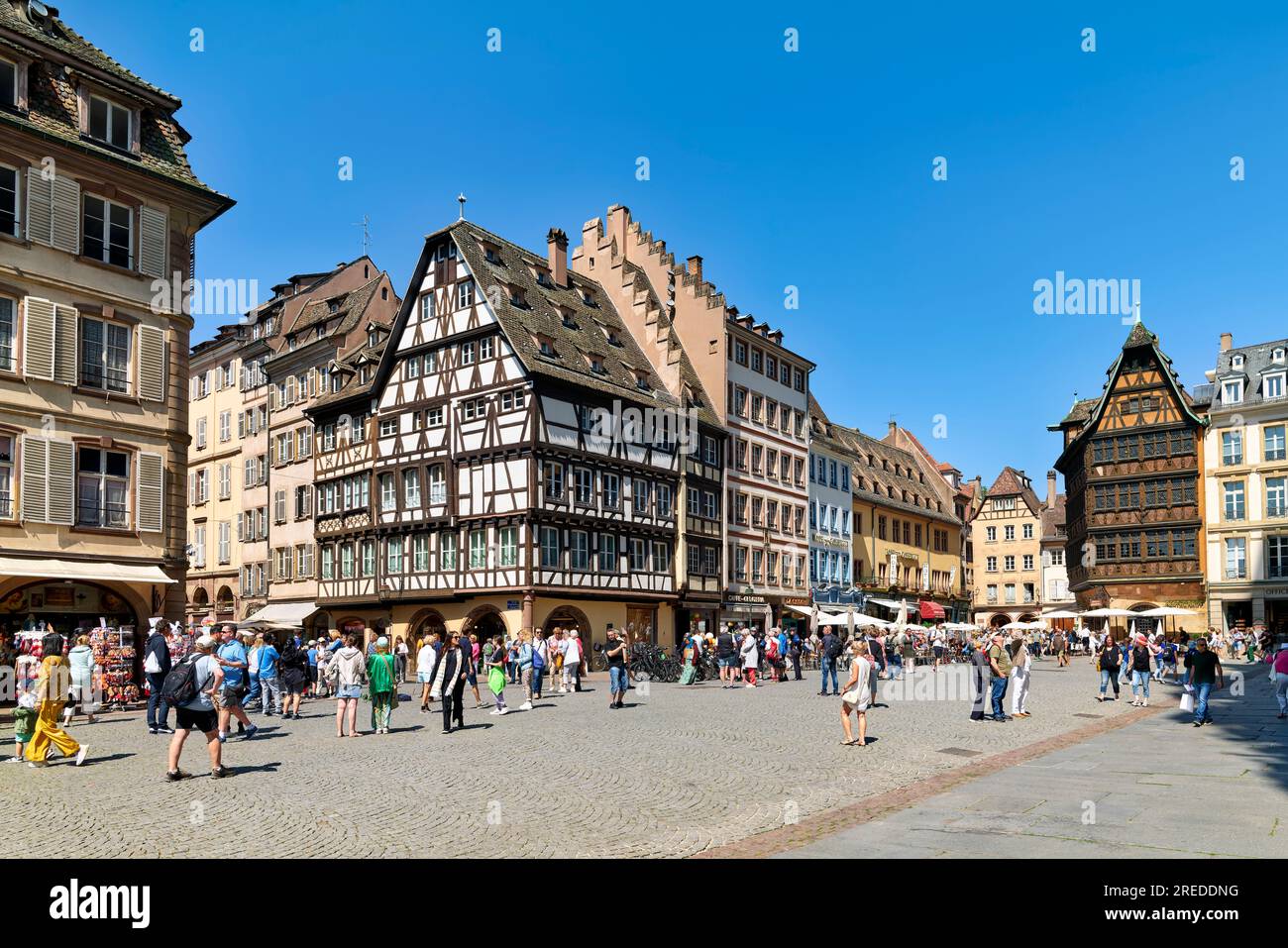 Strasburgo Alsazia Francia. La struttura in legno colorato ospita in Place du Chateau Foto Stock