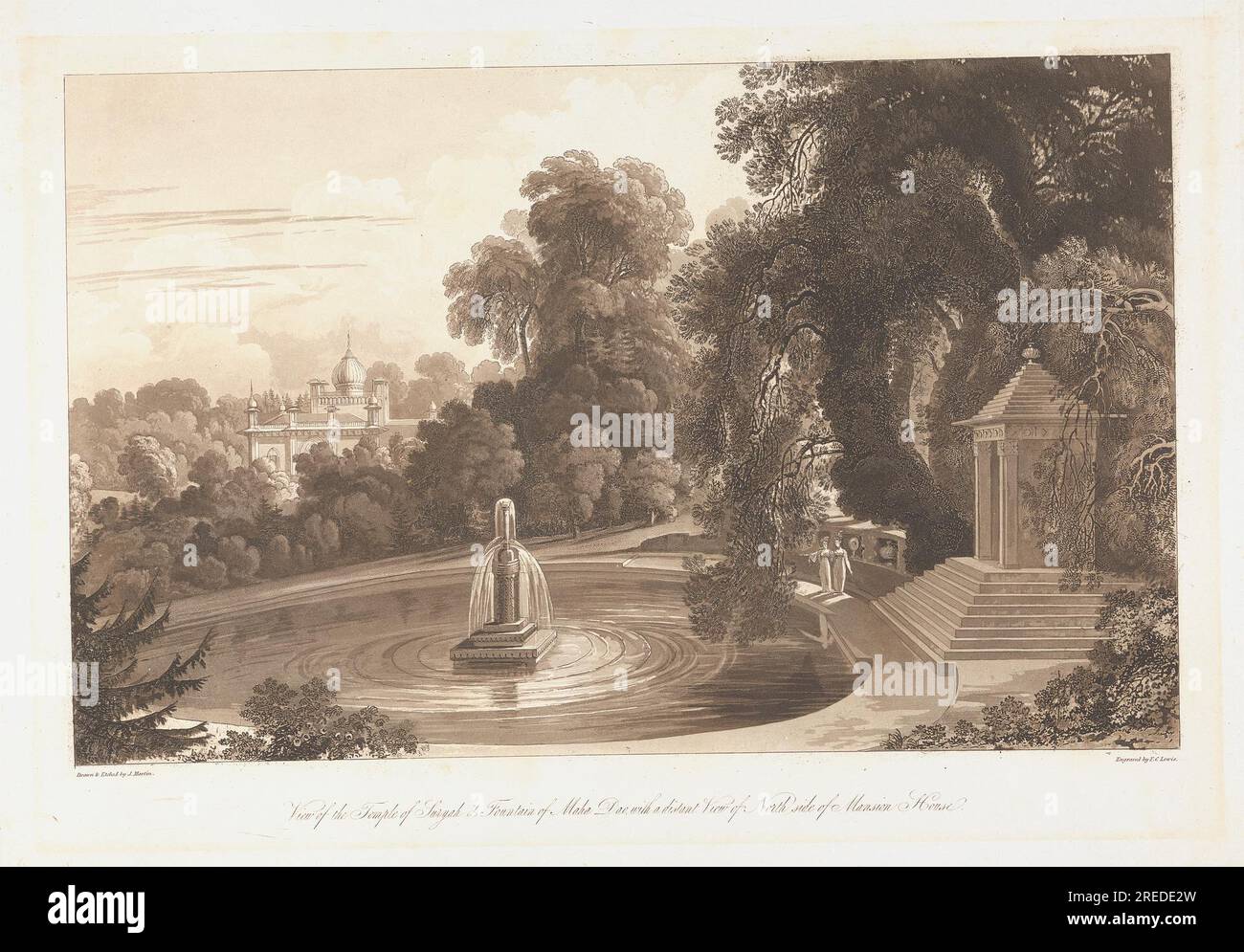 Vista del Tempio di Suryah e della Fontana del Maha Dao con una vista distante del lato nord della Mansion House intorno al 1818 da Frederick Christian Lewis Foto Stock