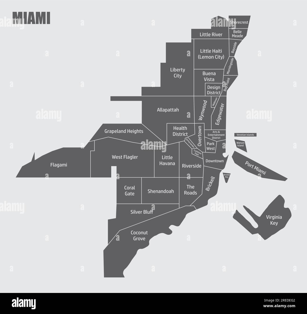 Mappa amministrativa di Miami isolata su sfondo grigio Illustrazione Vettoriale
