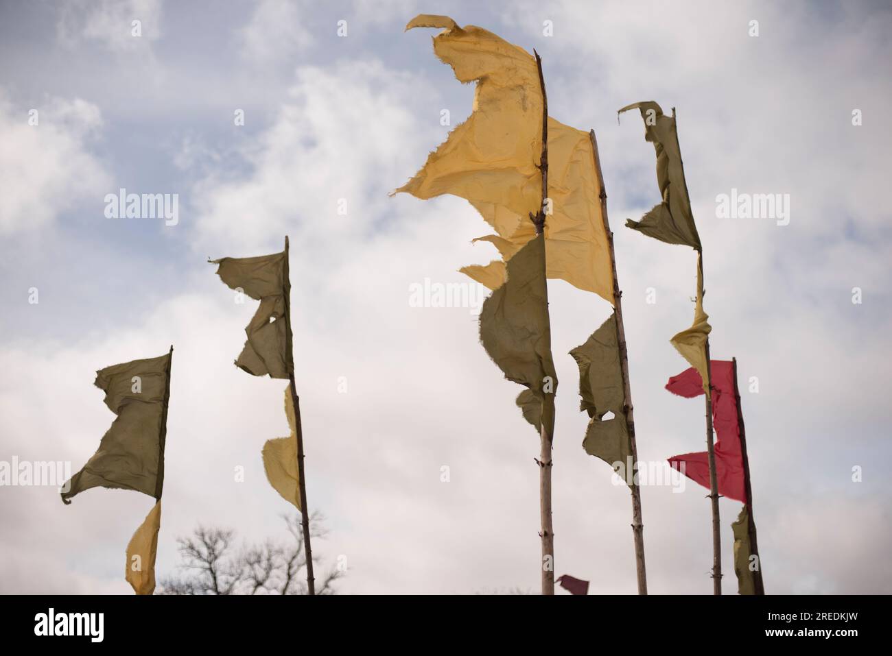 Le bandiere volano al festival musicale per famiglie Knockengorroch a Dumfries e Galloway, in Scozia Foto Stock