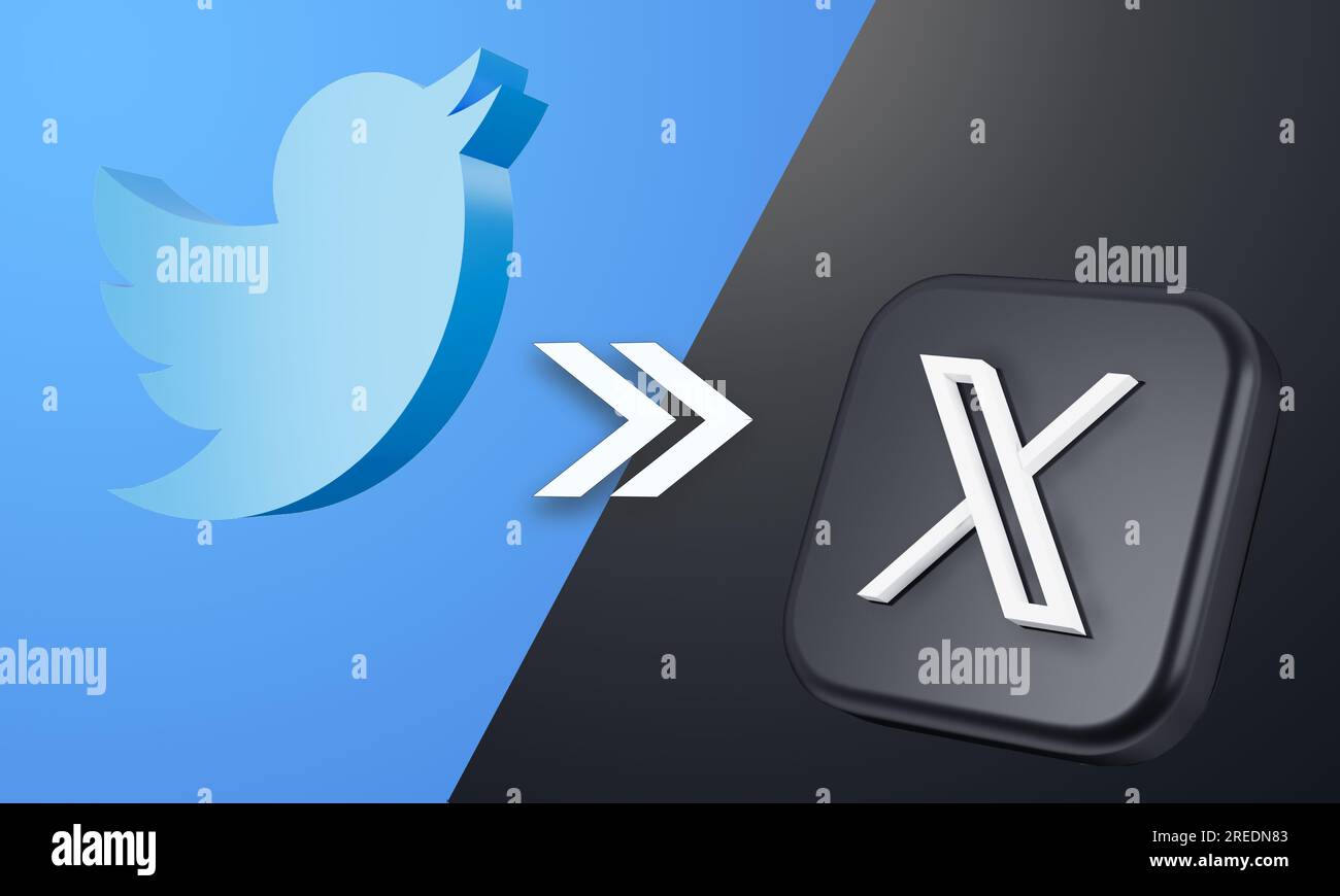 Luglio 2023. Vecchio logo Twitter e nuovo logo X.com illustrazione 3D. Foto Stock