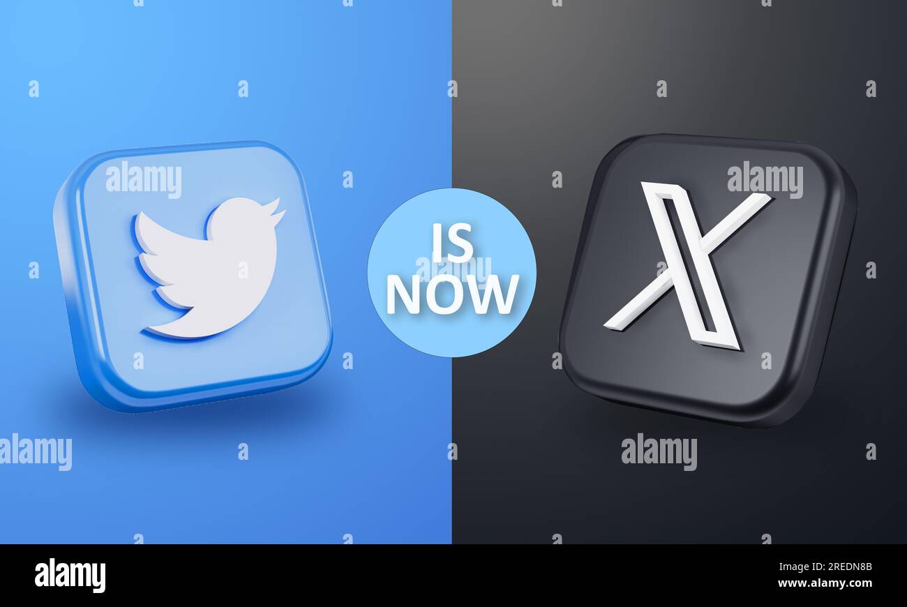 Luglio 2023. Vecchio logo Twitter e nuovo logo X.com illustrazione 3D. Foto Stock