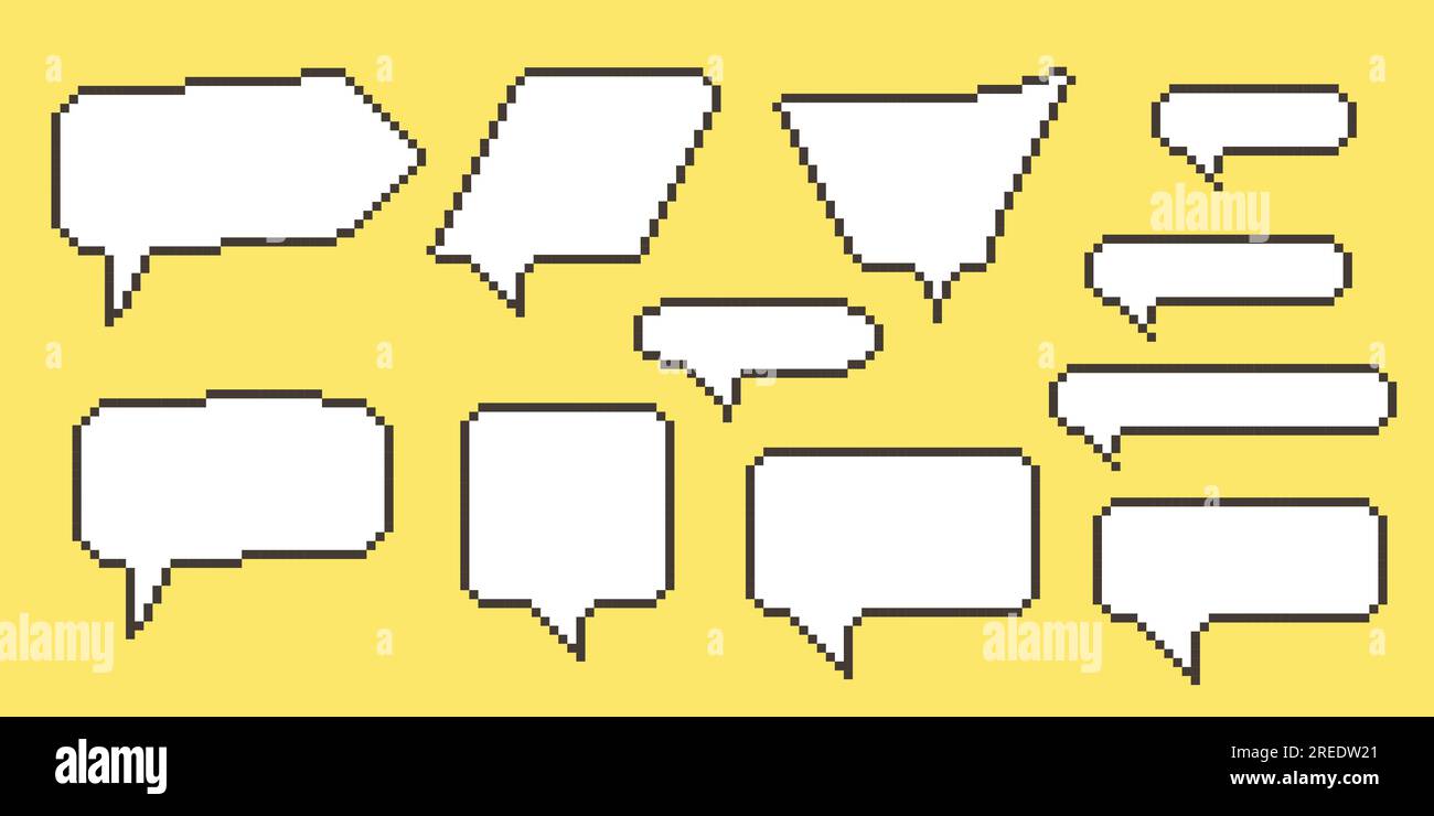 Finestre di dialogo grafico raccolta bolle vocali pixel. Casella di testo retro game a 8 bit. Barra dei messaggi vuota con pixel di colore giallo, bianco e nero. Citazione Illustrazione Vettoriale