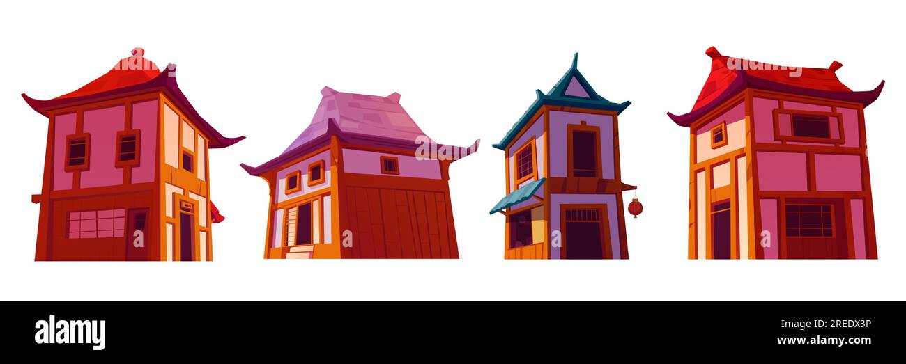 Set di cartoni animati di case cinesi isolate su sfondo bianco. Illustrazione vettoriale dell'architettura tradizionale asiatica, edificio del tempio, negozio con lanterne di carta rossa. Elementi di design urbano in Cina Illustrazione Vettoriale