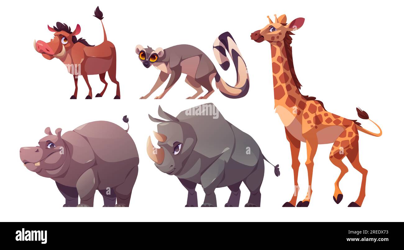 Serie di animali selvatici africani isolati su sfondo bianco. Illustrazione vettoriale di giraffe, ippopotami, rinoceronti, lemuri, personaggi di warthog in piedi o a piedi. Simpatici abitanti dello zoo o del parco safari Illustrazione Vettoriale