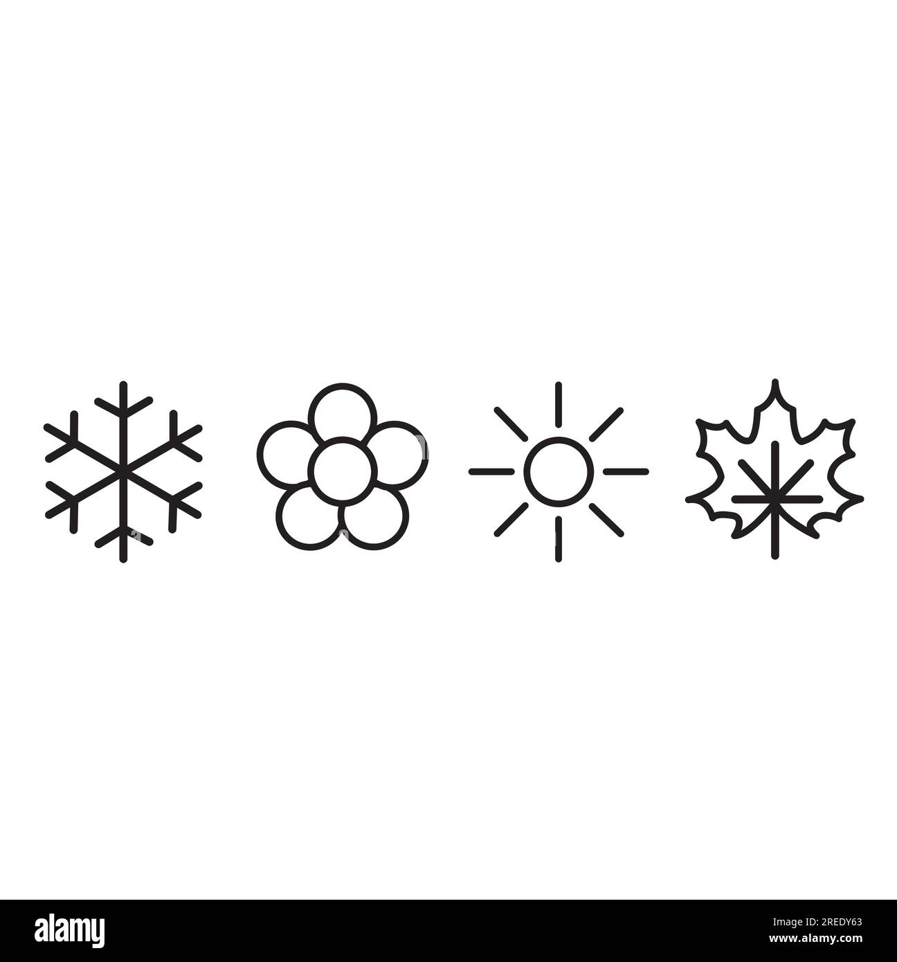 Fiocchi di neve, fiori, sole e foglie che rappresentano le quattro stagioni su sfondo bianco con spazio copia Illustrazione Vettoriale