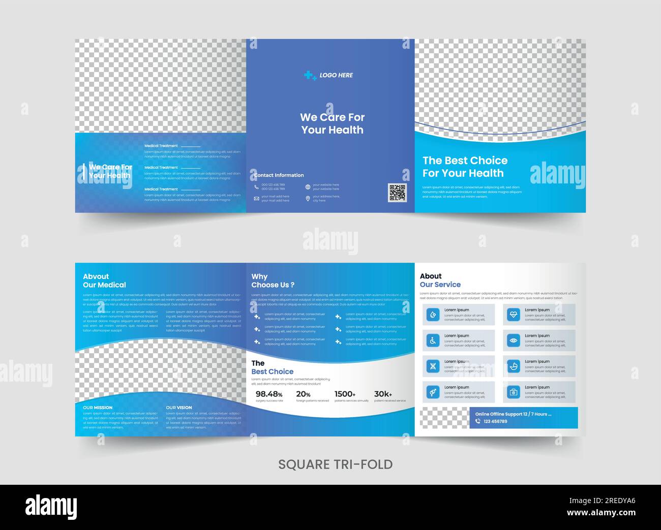 Modello quadruplo di brochure quadrato di assistenza medica, ospedaliera Illustrazione Vettoriale