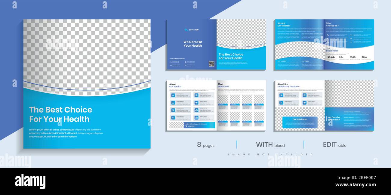 Assistenza sanitaria e società medica modello di brochure paesaggio quadrato, 8 pagine layout design. Illustrazione Vettoriale