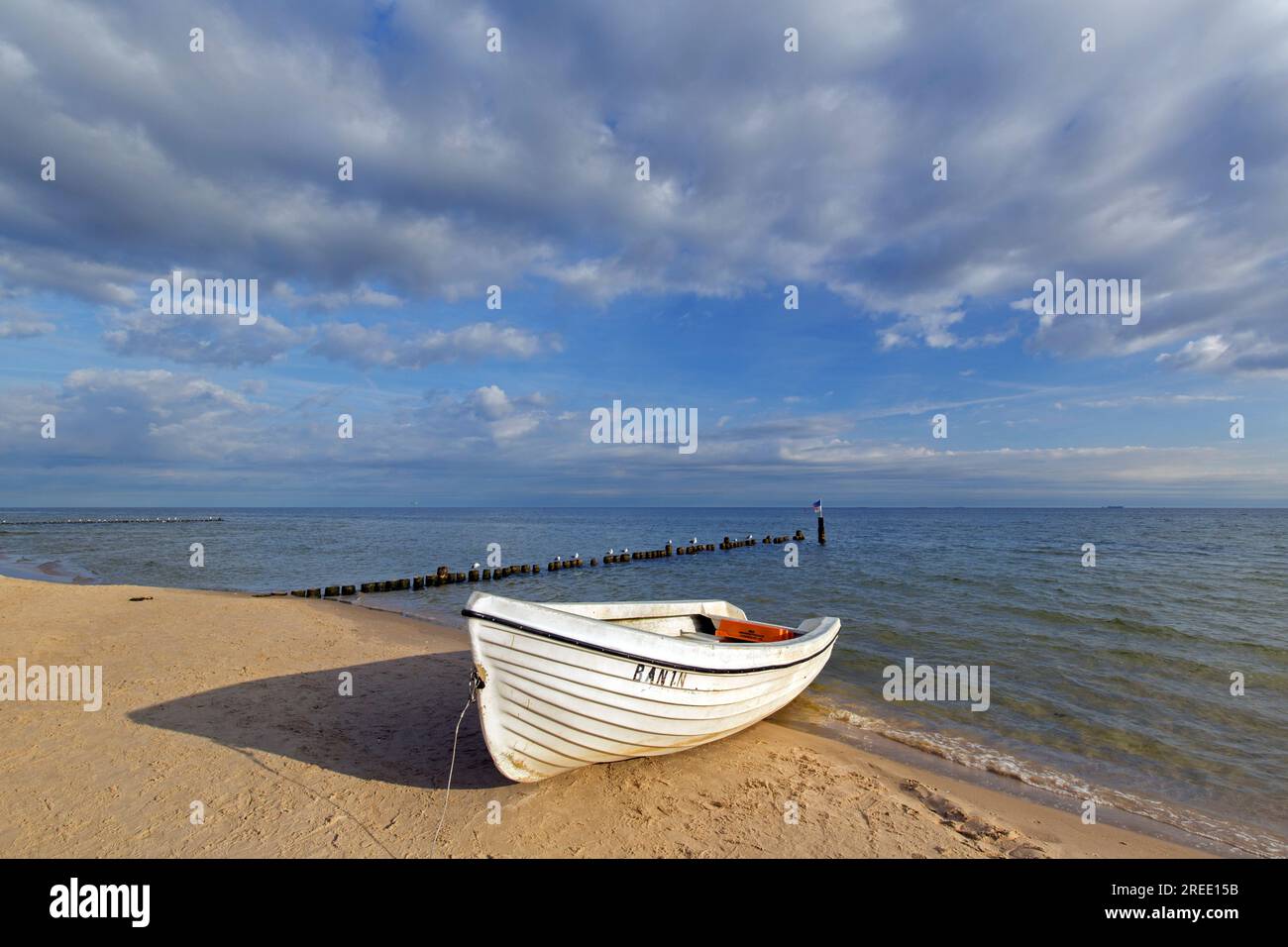 Barca da pesca bianca nelle dune lungo il Mar Baltico a Bansin, Heringsdorf sull'isola di Usedom, Meclemburgo-Pomerania occidentale, Germania Foto Stock