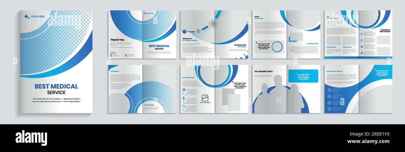 Modello di brochure dell'azienda sanitaria e medica, 16 pagine di layout. Illustrazione Vettoriale