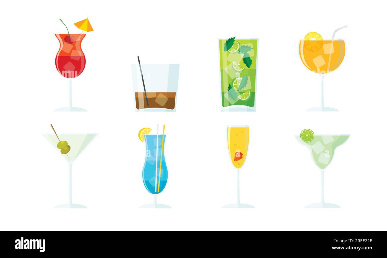 Set di cocktail estivi vettoriali su bianco. Raccolta di bevande alcoliche in diversi tipi di bicchieri. Mojito, martini, margarita, daiquiri, whiskey. Illustrazione Vettoriale