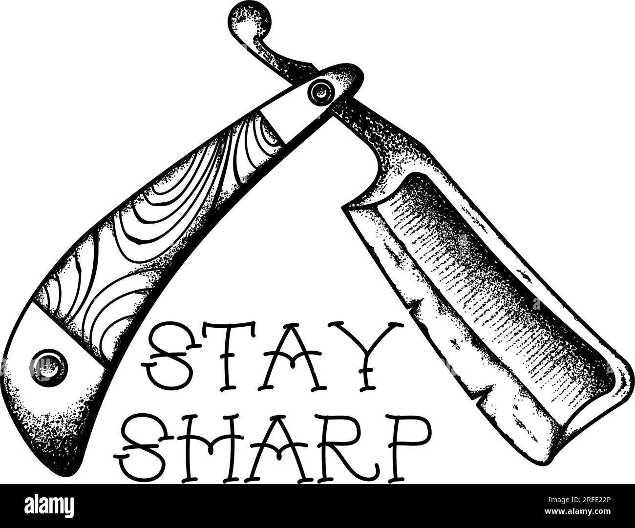 Tatuaggio a rasoi con bordo dritto vintage e scritta "Stay sharp". Design vintage a pois. Tatuaggio tradizionale. Illustrazione Vettoriale