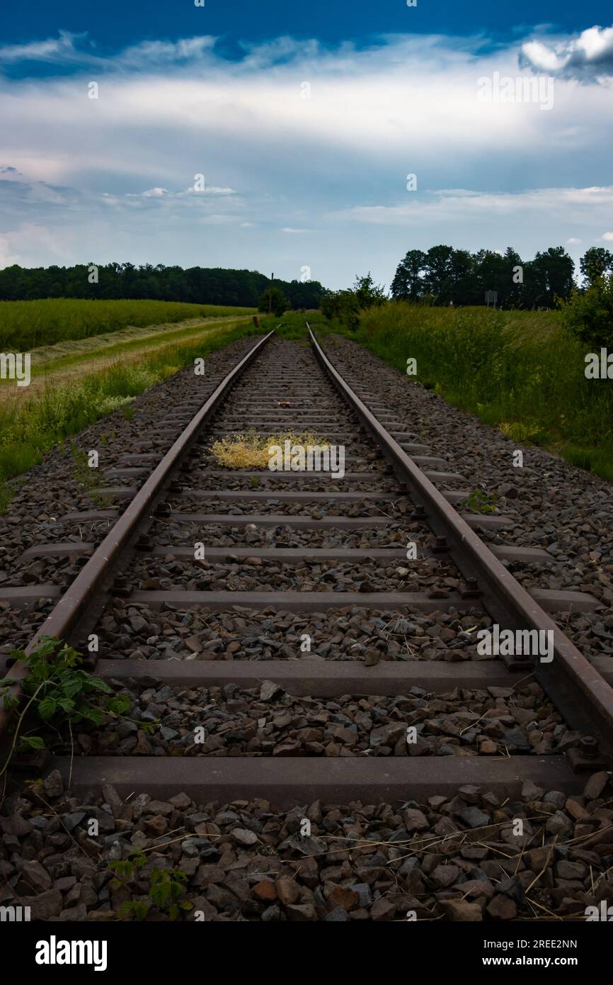 Vista angolare bassa dei binari ferroviari abbandonati Foto Stock