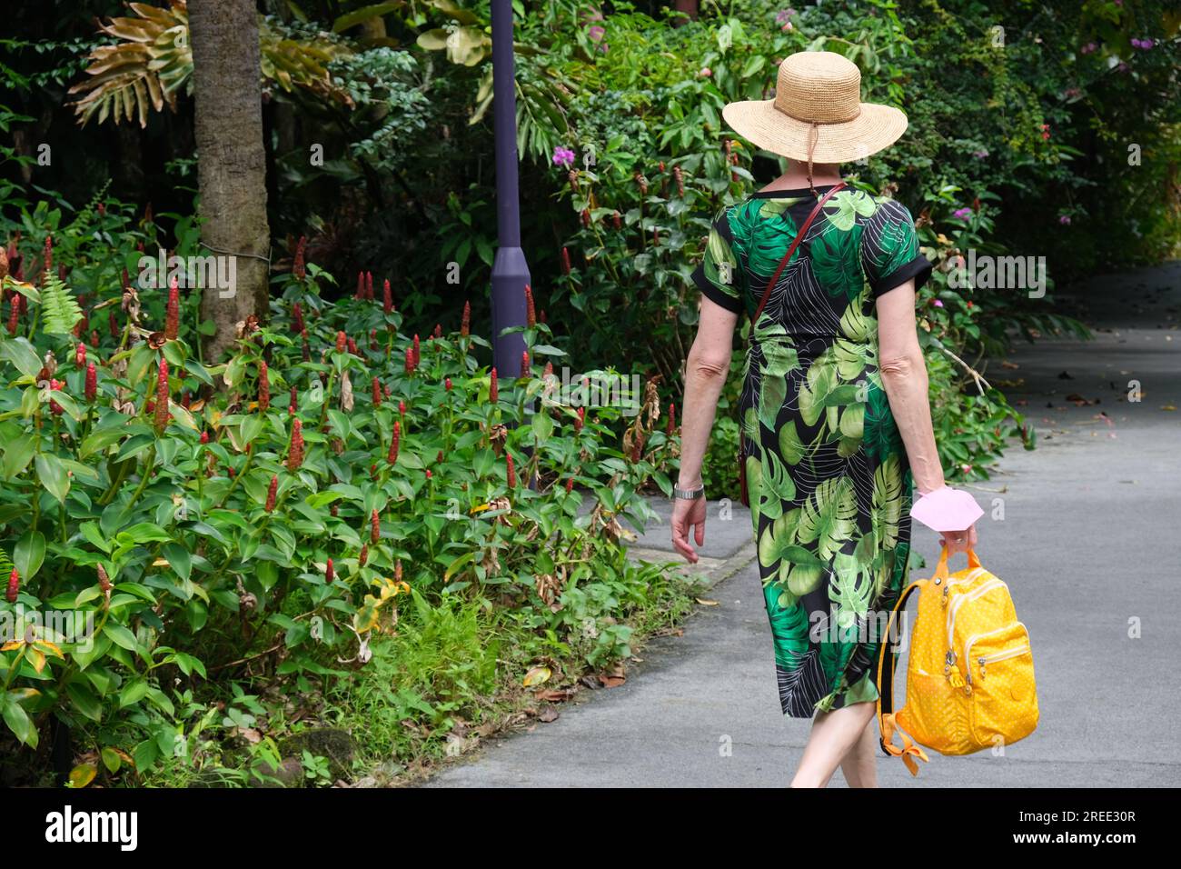 Donna in abito tropicale cammina nei Giardini di Singapore sulla baia Foto Stock