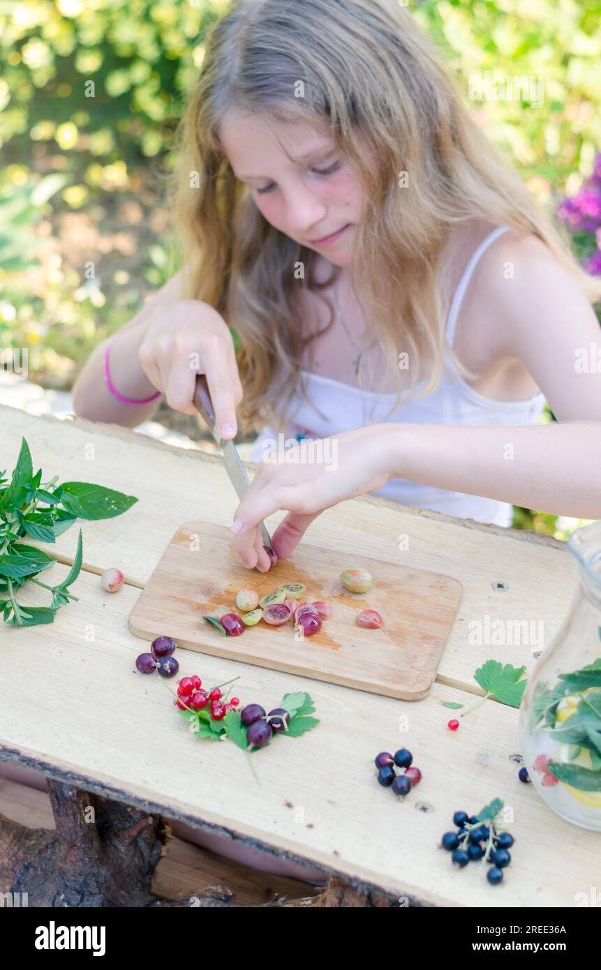 ragazza carina che taglia la frutta preparando una bevanda di frutta fresca da bacche, menta e ribes Foto Stock