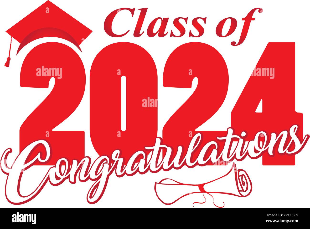 Classe di 2024 Congratulazioni grafico con tappo di graduazione e diploma Illustrazione Vettoriale
