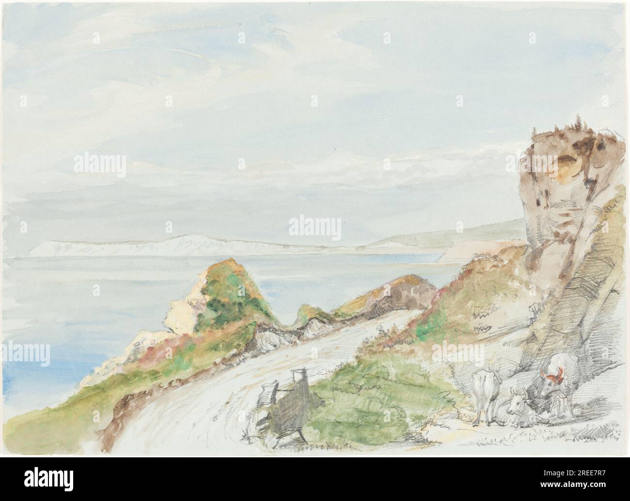 Sir George Hayter, Freshwater Bay, Isola di Wight, 1839, acquerello, Gouache e grafite con gessi rossi e bianchi su carta a tessitura blu, totale: 25,6 x 35,2 cm (10 1/16 x 13 7/8 pollici), regalo di William B. o'Neal, 1995.52.74' Foto Stock