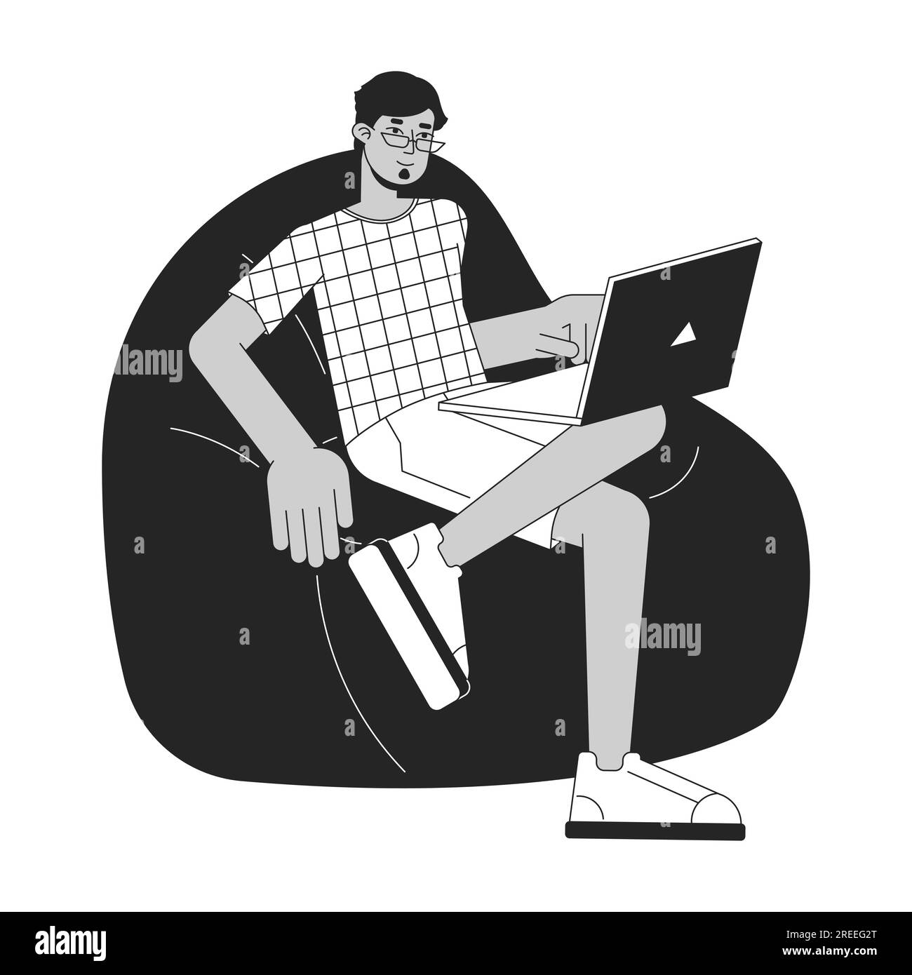Uomo rilassato seduto su un'illustrazione a macchia vettoriale del concetto Beanbag BW Illustrazione Vettoriale