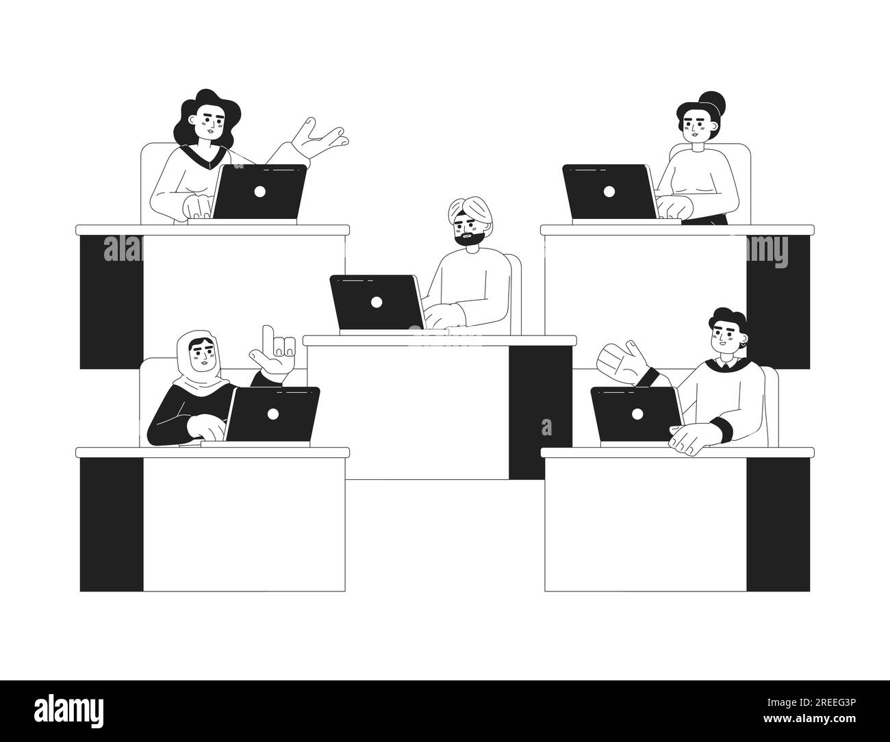 Persone multirazziali in ufficio illustrazioni di spot isolati monocromatici vettoriali 2D. Illustrazione Vettoriale