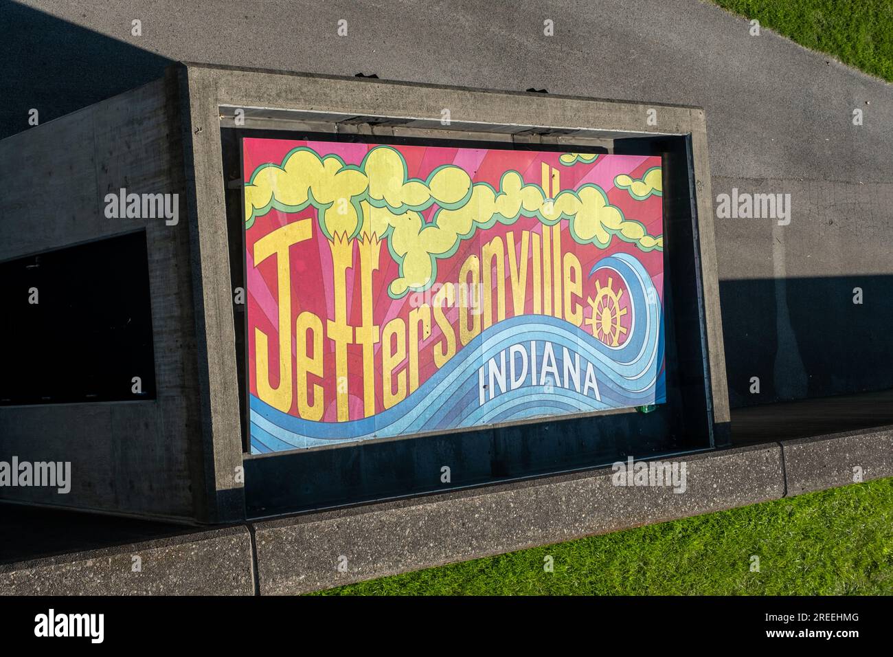 Jeffersonville, Indiana colorata strada o insegna della città Foto Stock