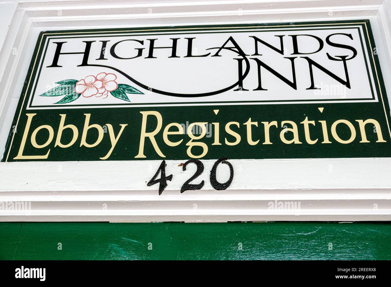 Highlands North Carolina, cartello Highlands Inn lobby Registration Foto Stock