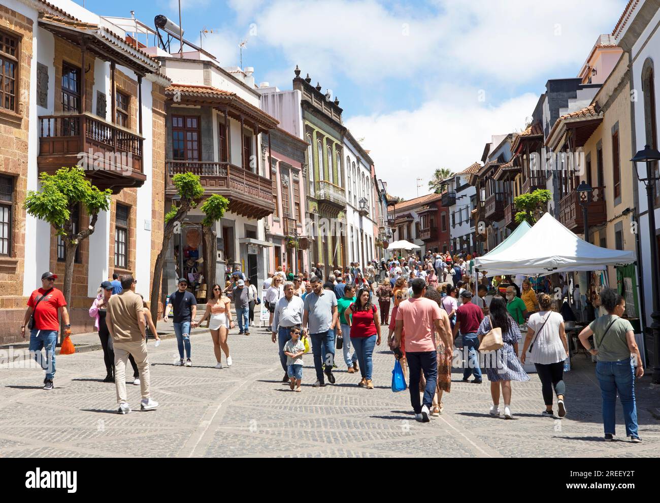 Zona pedonale Calle Iglesia Chica a Teror, Provincia di Las Palmas, Gran Canaria, Isole Canarie, Spagna Foto Stock