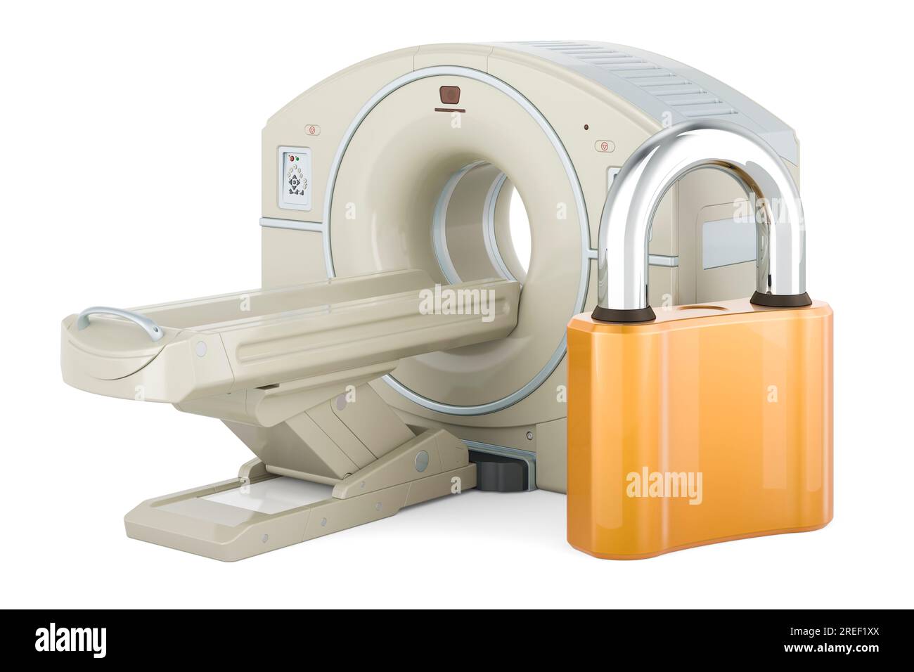 Scanner MRI o PET con lucchetto, rendering 3D isolato su sfondo bianco Foto Stock