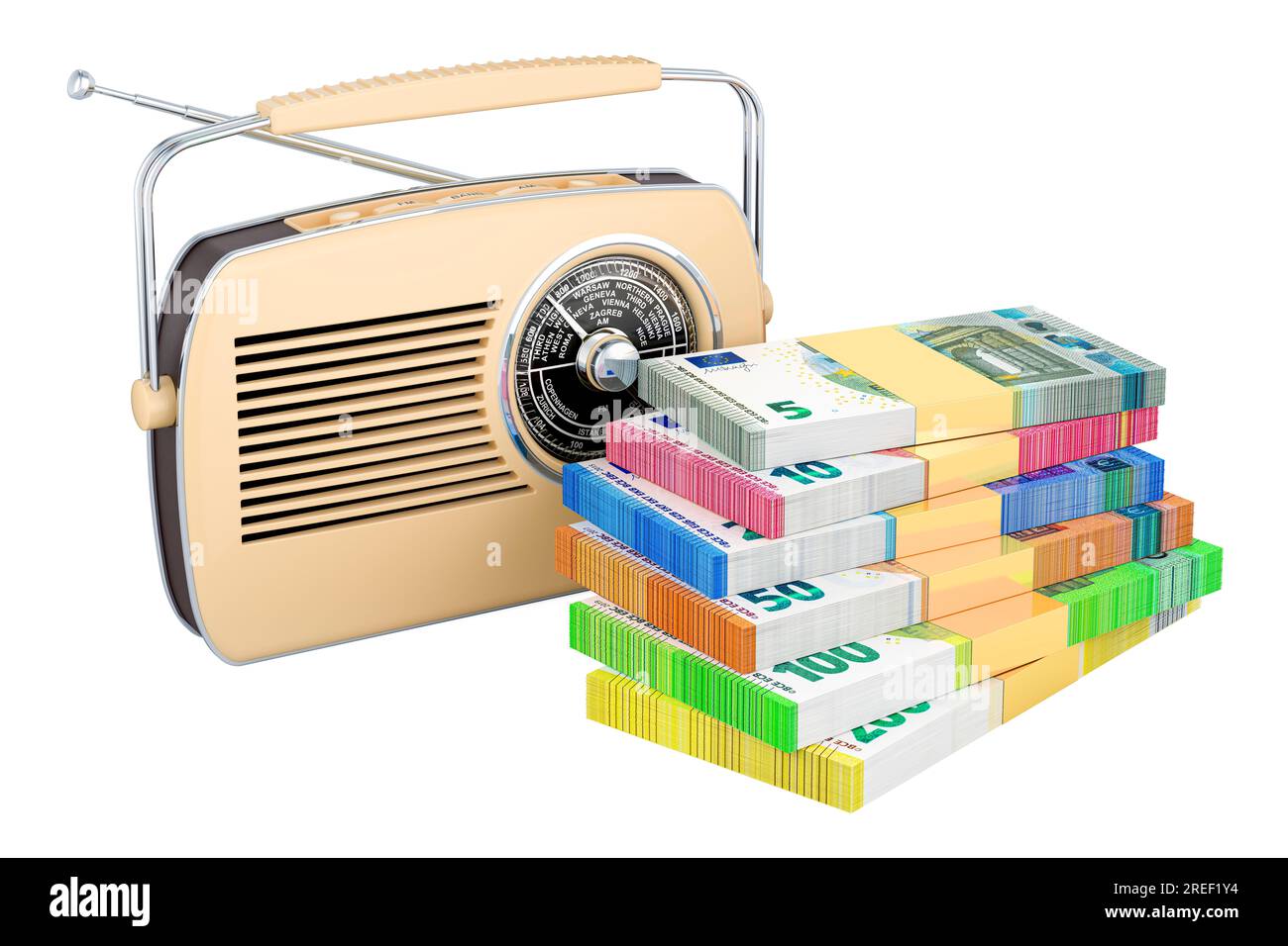 Ricevitore radio vintage con pacchetti euro. Rendering 3D isolato su sfondo bianco Foto Stock