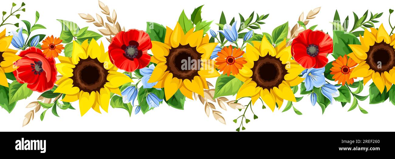 Bordo floreale senza cuciture con girasoli, fiori di papavero, fiori di campanello e foglie verdi. ghirlanda senza giunture orizzontale vettoriale Illustrazione Vettoriale