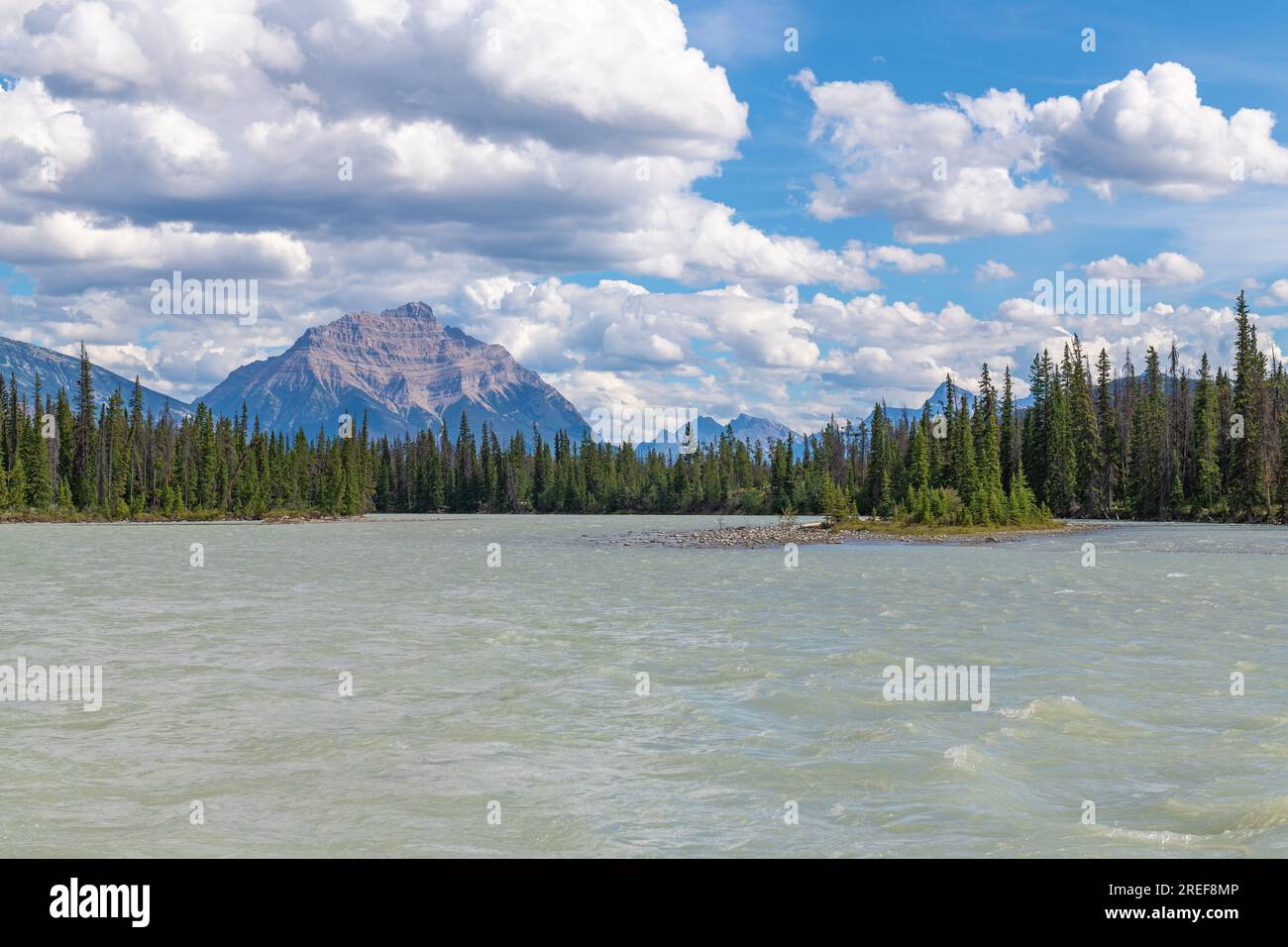 Paesaggio del fiume Athabasca durante il rafting, parco nazionale di Jasper, Canada. Foto Stock